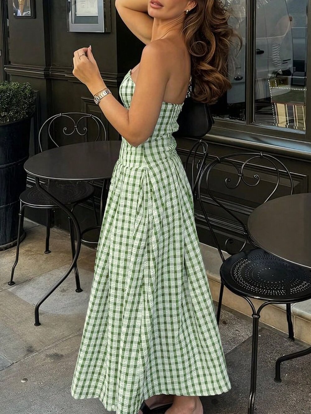 Mint Green Casual Women's Plaid Print Tube Dress - Picture 2 of 4